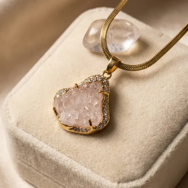 Gold_Plated_Assorted_Stainless_Steel_Herringbone_Snake_Chain_Necklace_With_Raw_Druzy_Quartz_Crystal_Pendant