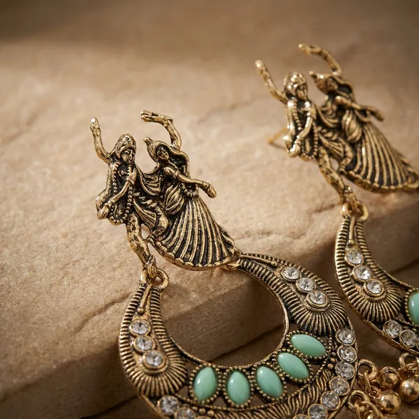 Gold_And_Green_Antique_Tone_Radha_Krishna_Chandbali_Earrings_With_Turquoise_Accents_And_Ghungroo_Drops