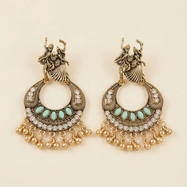 Gold_And_Green_Antique_Tone_Radha_Krishna_Chandbali_Earrings_With_Turquoise_Accents_And_Ghungroo_Drops