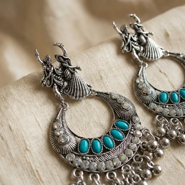 Antique_SilverAnd_Blue_Antique_Gold_Tone_Radha_Krishna_Chandbali_Earrings_With_Turquoise_Accents_And_Ghungroo_Drops