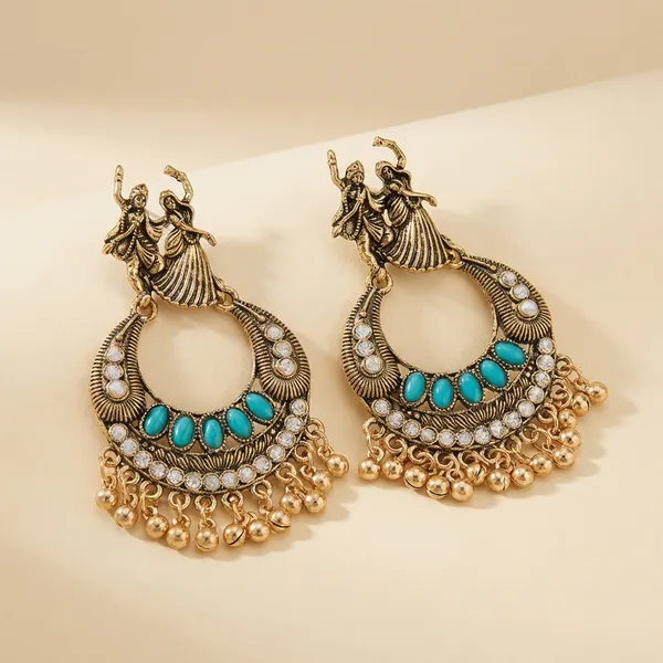 Gold_And_Green_Antique_Tone_Radha_Krishna_Chandbali_Earrings_With_Turquoise_Accents_And_Ghungroo_Drops