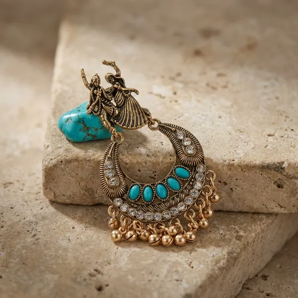 Gold_And_Green_Antique_Tone_Radha_Krishna_Chandbali_Earrings_With_Turquoise_Accents_And_Ghungroo_Drops