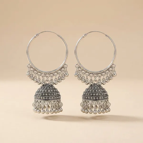 Oxidized_Silver_Plated_Hoop_Jhumka_Earrings_With_Beaded_Tassel_Fringe