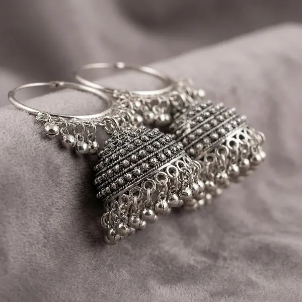 Oxidized_Silver_Plated_Hoop_Jhumka_Earrings_With_Beaded_Tassel_Fringe
