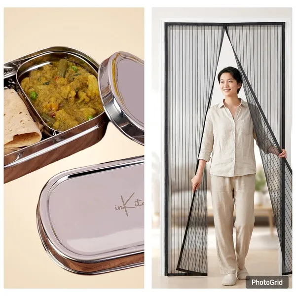 Stainless_Steel_Lunch_Box_With_Compartments_2_Layer_Tiffin_For_Office_&_School_And_Magnetic_Mesh_Screen_Door_With_Auto_Close_Feature_Hands_Free_Insect_Protection_Combo_Set