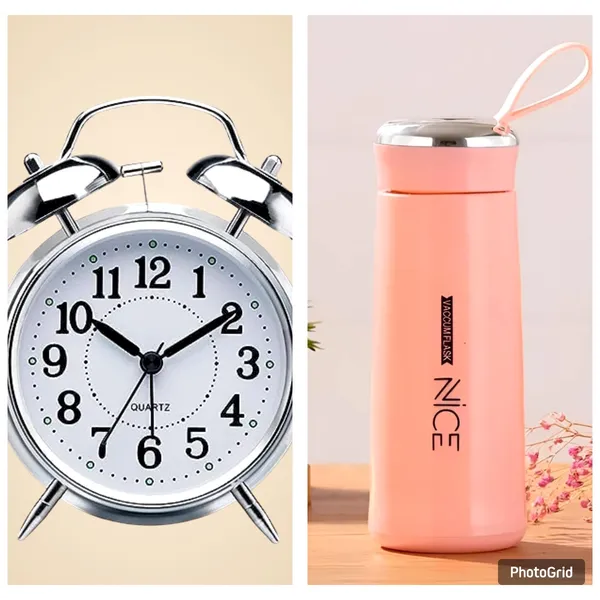Classic_Twin_Bell_Analog_Alarm_Clock_Silver_Chrome_Finish_With_Quartz_Movement_And_Nice_Stainless_Steel_Vacuum_Insulated_Water_Bottle_Combo_Set
