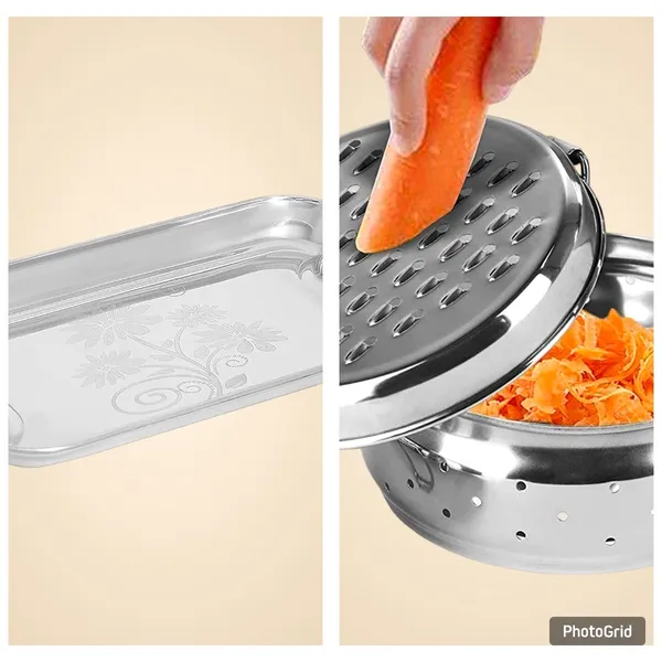 Stainless_Steel_Container_Grater_With_Storage_Bowl_And_Stainless_Steel_Rectangular_Serving_Tray_With_Engraved_Design_Combo_Set