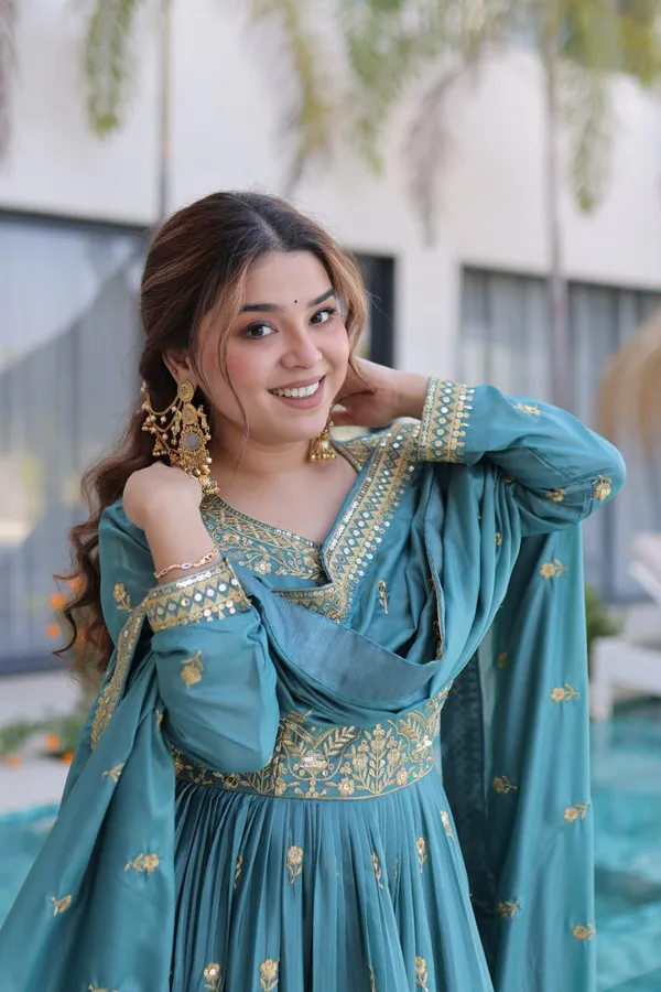 Beige_And_Teal_Embroidered_Anarkali_Suit_With_Dupatta_For_Women