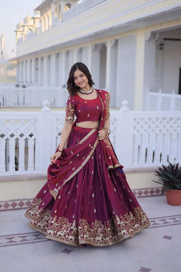 Pink_Wine_Embroidered_Lehenga_Choli_Set_With_Golden_Border_Work_For_Women