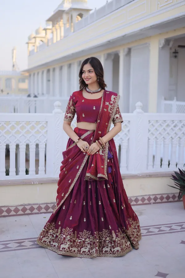 Pink_Wine_Embroidered_Lehenga_Choli_Set_With_Golden_Border_Work_For_Women