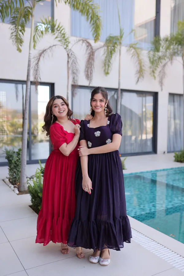 Red_And_Black_Embellished_Maxi_Dress_With_Puffed_Sleeves_For_Women_Pack_Of_2