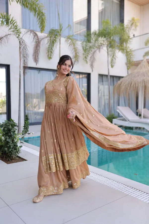 Beige_And_Teal_Embroidered_Anarkali_Suit_With_Dupatta_For_Women