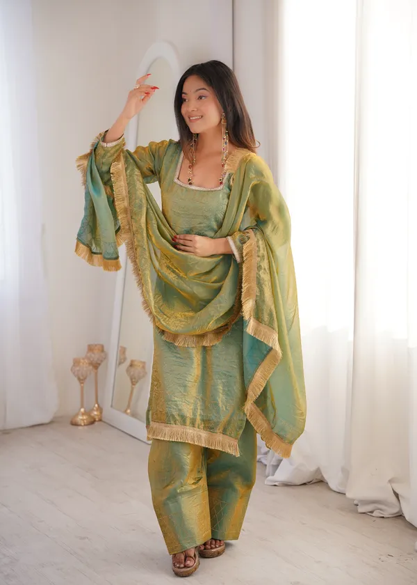 Green_Silk_Suit_Set_With_Dupatta_And_Fringe_Border_Ethnic_Wear_For_Women