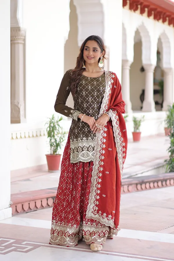 Red_And_Black_Ethnic_Embroidered_Sharara_Suit_Set_Brown_Kurta_With_Sharara_And_Dupatta_For_Women