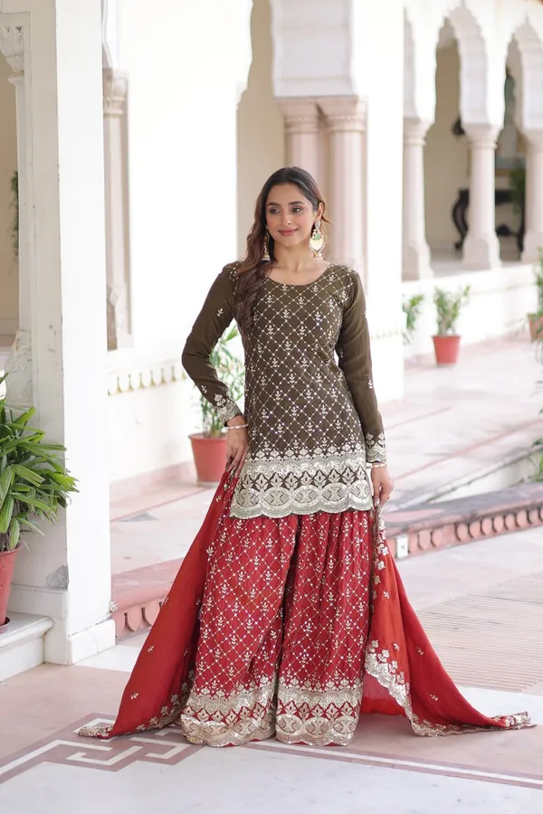Red_And_Black_Ethnic_Embroidered_Sharara_Suit_Set_Brown_Kurta_With_Sharara_And_Dupatta_For_Women