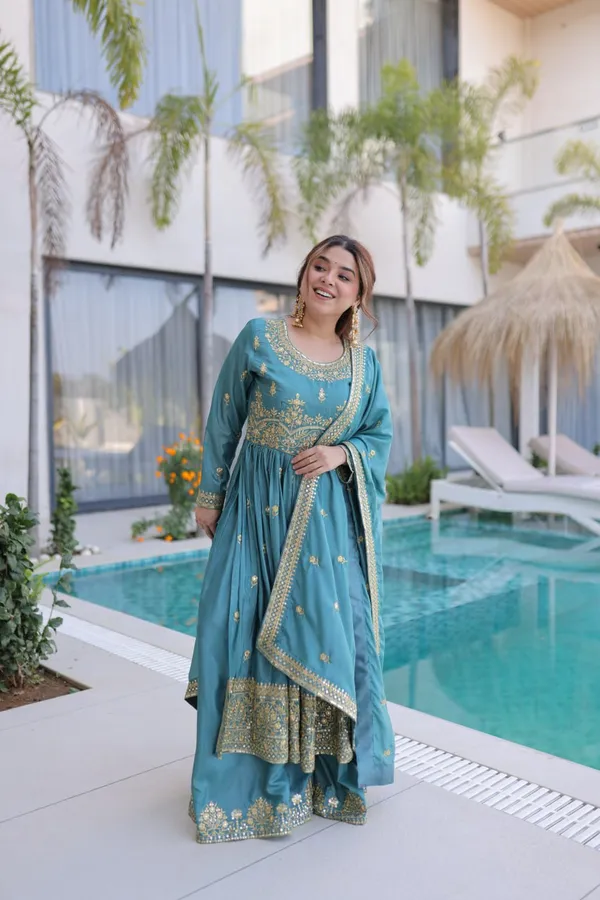 Beige_And_Teal_Embroidered_Anarkali_Suit_With_Dupatta_For_Women