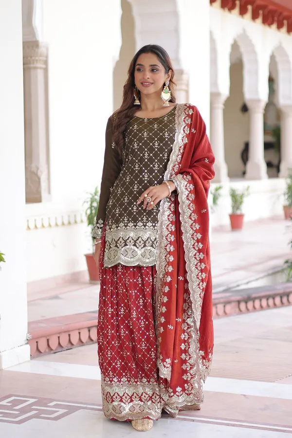 Red_And_Black_Ethnic_Embroidered_Sharara_Suit_Set_Brown_Kurta_With_Sharara_And_Dupatta_For_Women