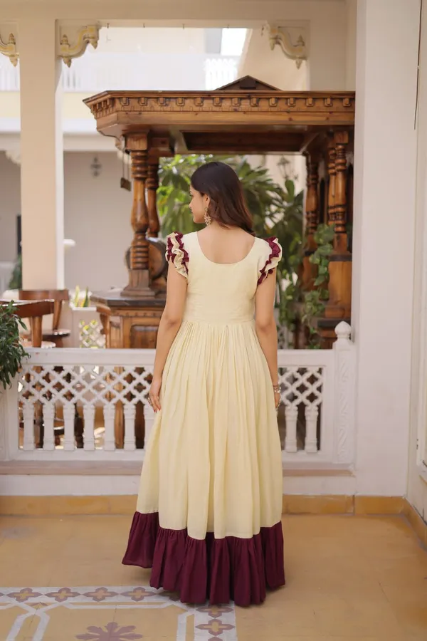 Beige_Elegant_Pastel_Fla_Gown_With_Contrast_Borders_And_Ruffled_Sleeves_For_Women