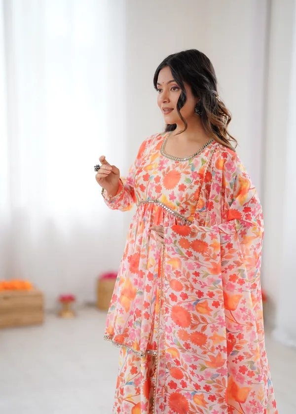 Orange_Floral_Print_Peplum_Kurta_And_Sharara_Set_With_Dupatta_And_Orange_For_Women