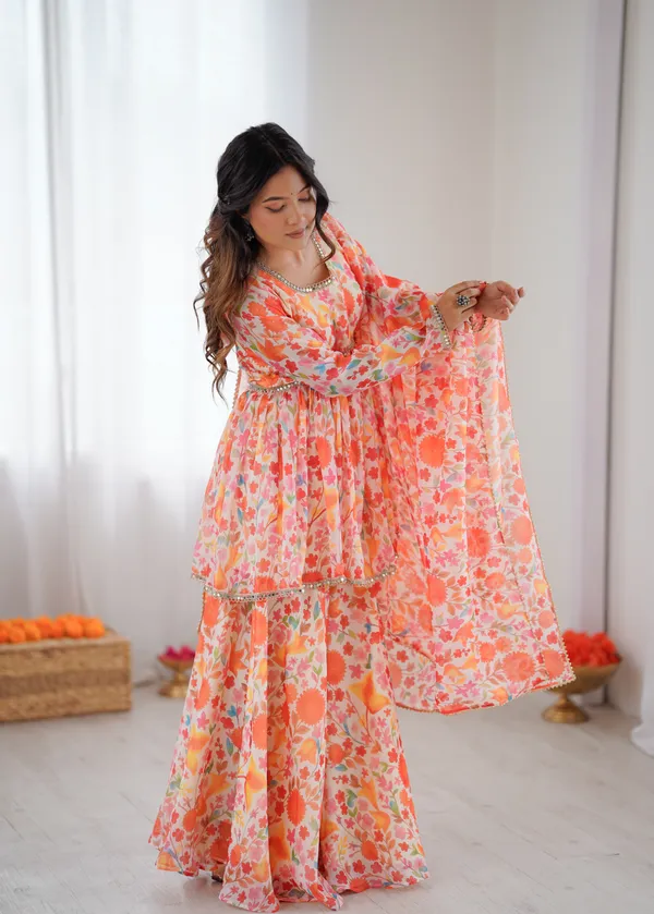 Orange_Floral_Print_Peplum_Kurta_And_Sharara_Set_With_Dupatta_And_Orange_For_Women
