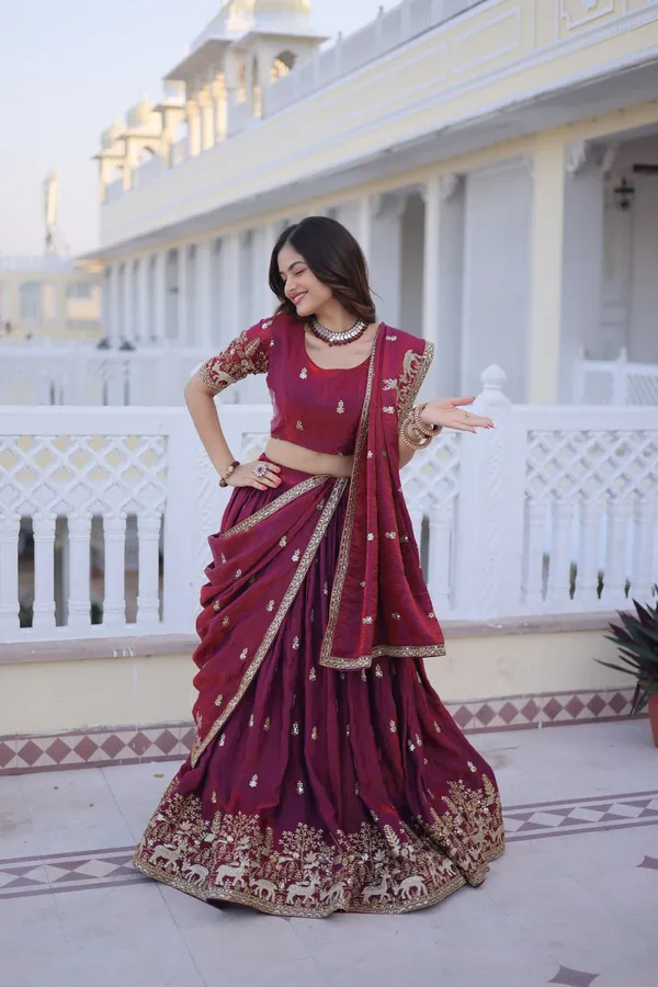 Pink_Wine_Embroidered_Lehenga_Choli_Set_With_Golden_Border_Work_For_Women