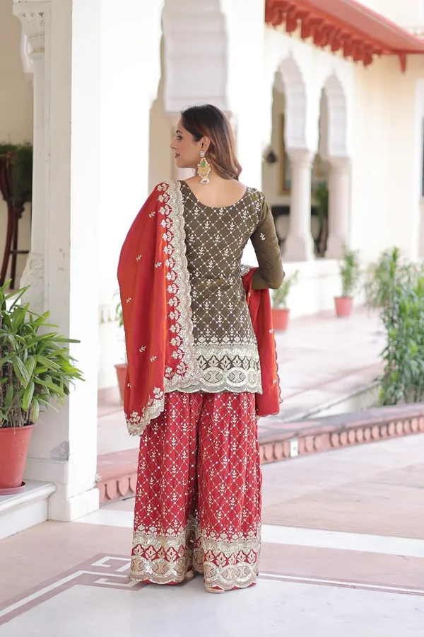 Red_And_Black_Ethnic_Embroidered_Sharara_Suit_Set_Brown_Kurta_With_Sharara_And_Dupatta_For_Women