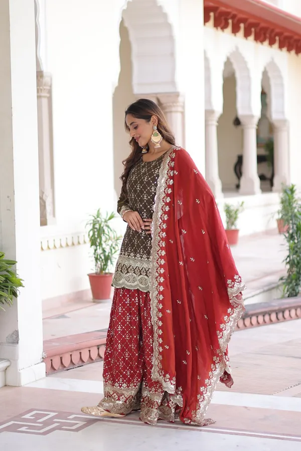Red_And_Black_Ethnic_Embroidered_Sharara_Suit_Set_Brown_Kurta_With_Sharara_And_Dupatta_For_Women