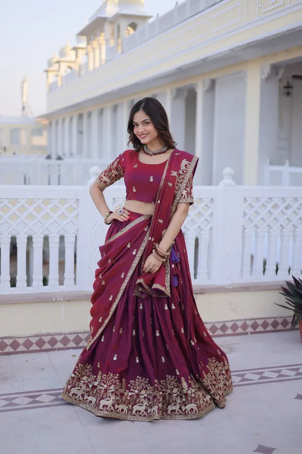 Pink_Wine_Embroidered_Lehenga_Choli_Set_With_Golden_Border_Work_For_Women