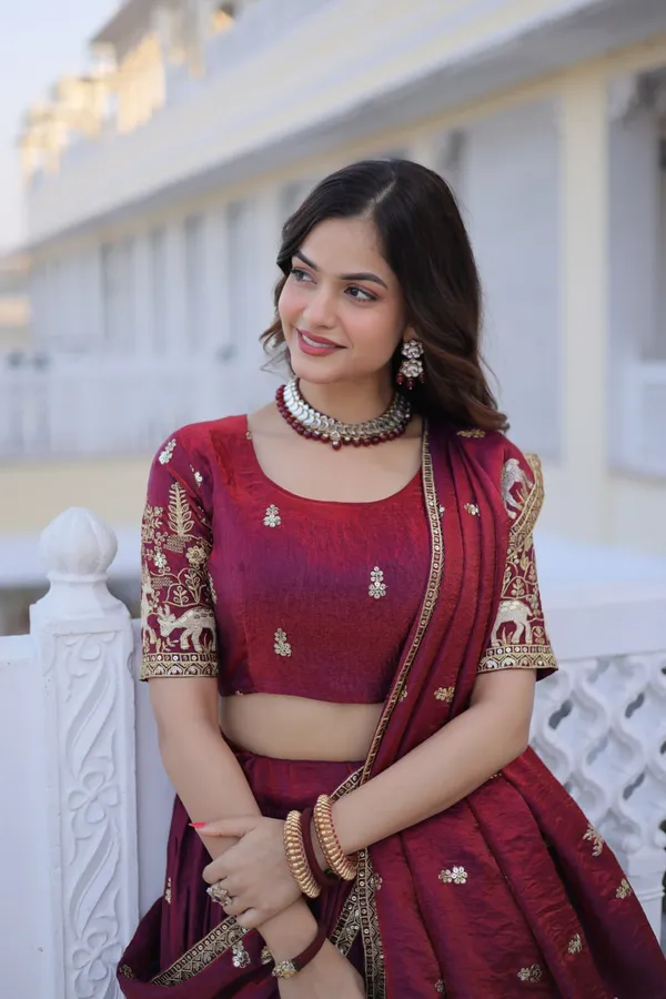 Pink_Wine_Embroidered_Lehenga_Choli_Set_With_Golden_Border_Work_For_Women