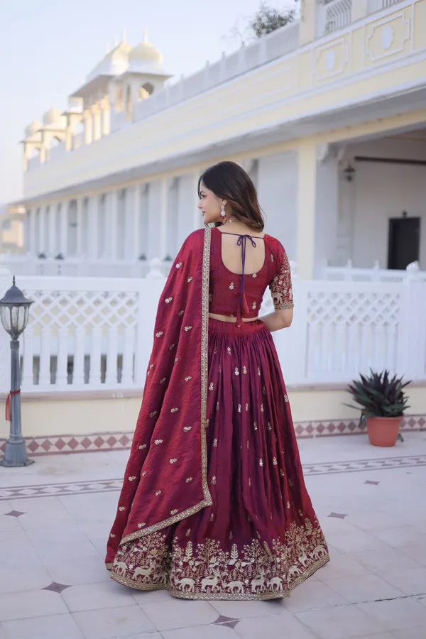 Pink_Wine_Embroidered_Lehenga_Choli_Set_With_Golden_Border_Work_For_Women