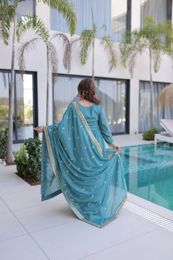 Beige_And_Teal_Embroidered_Anarkali_Suit_With_Dupatta_For_Women