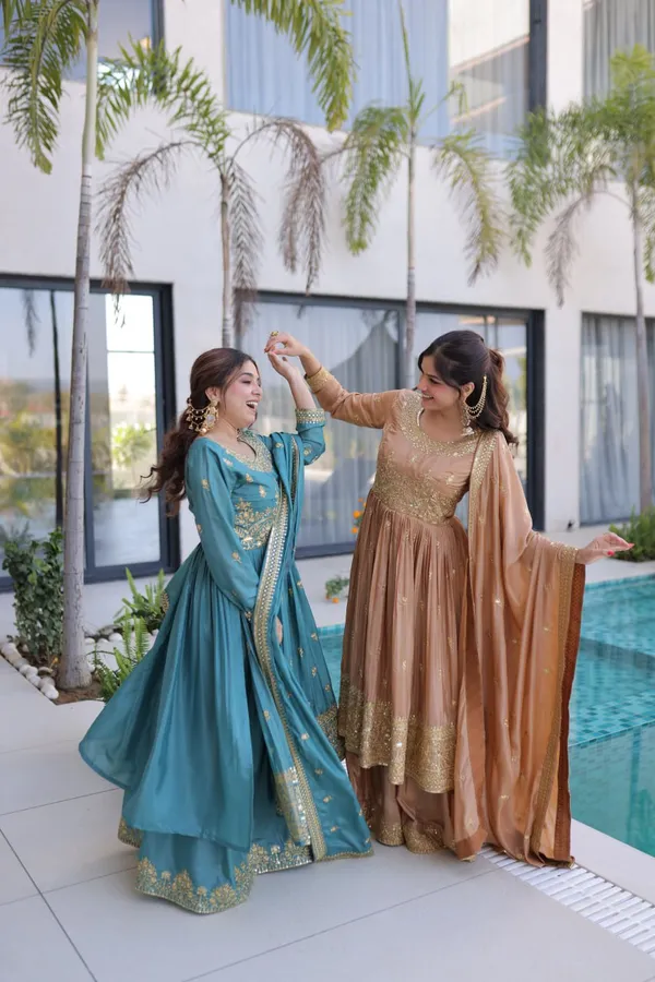 Beige_And_Teal_Embroidered_Anarkali_Suit_With_Dupatta_For_Women