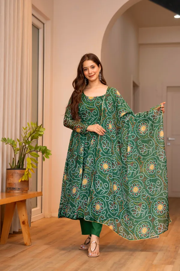 Green_Bandhani_Print_Anarkali_Kurta_Set_With_Dupatta_For_Women