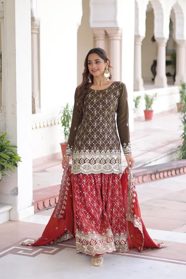 Red_And_Black_Ethnic_Embroidered_Sharara_Suit_Set_Brown_Kurta_With_Sharara_And_Dupatta_For_Women