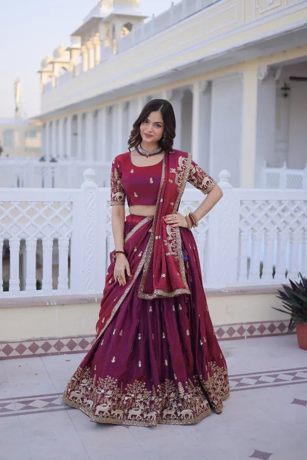 Pink_Wine_Embroidered_Lehenga_Choli_Set_With_Golden_Border_Work_For_Women