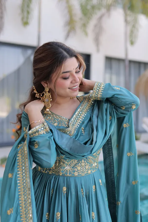 Beige_And_Teal_Embroidered_Anarkali_Suit_With_Dupatta_For_Women