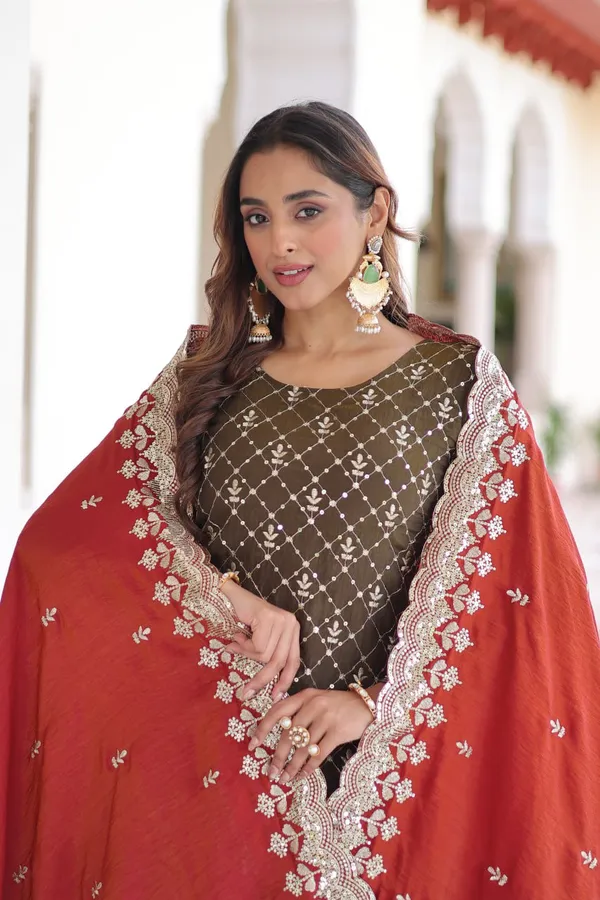 Red_And_Black_Ethnic_Embroidered_Sharara_Suit_Set_Brown_Kurta_With_Sharara_And_Dupatta_For_Women