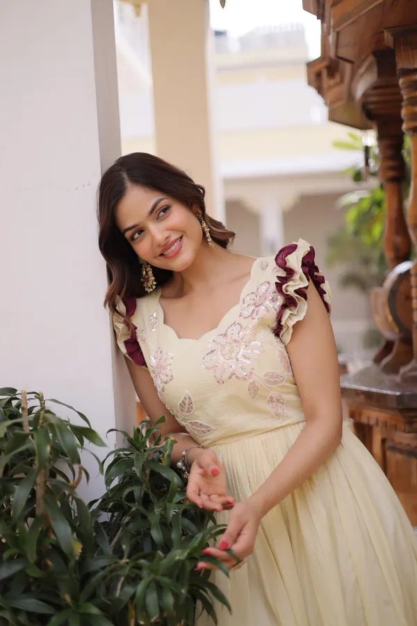 Beige_Elegant_Pastel_Fla_Gown_With_Contrast_Borders_And_Ruffled_Sleeves_For_Women