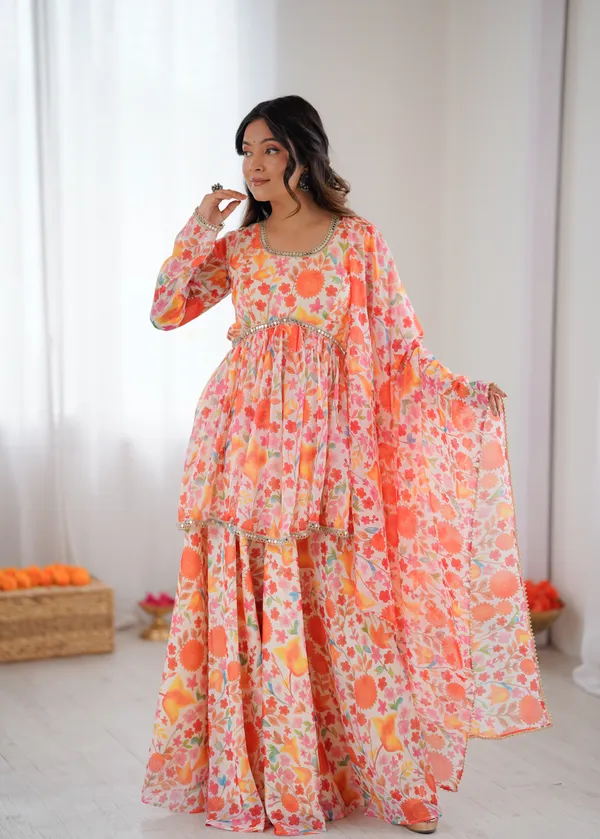 Orange_Floral_Print_Peplum_Kurta_And_Sharara_Set_With_Dupatta_And_Orange_For_Women