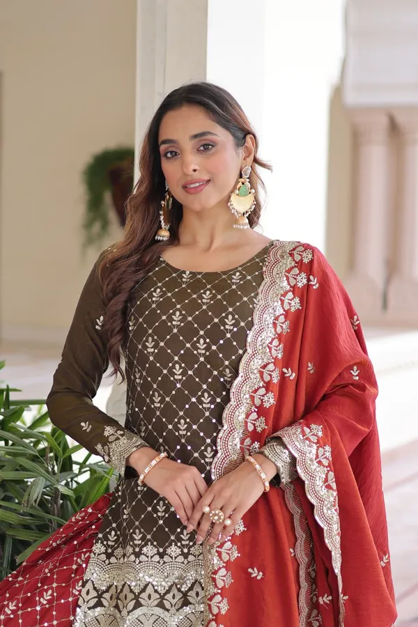Red_And_Black_Ethnic_Embroidered_Sharara_Suit_Set_Brown_Kurta_With_Sharara_And_Dupatta_For_Women