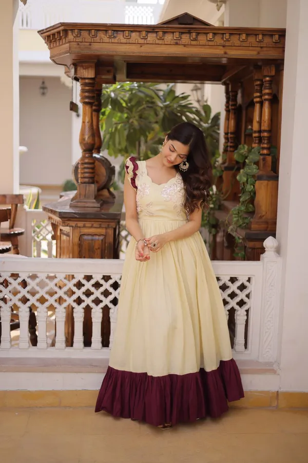 Beige_Elegant_Pastel_Fla_Gown_With_Contrast_Borders_And_Ruffled_Sleeves_For_Women