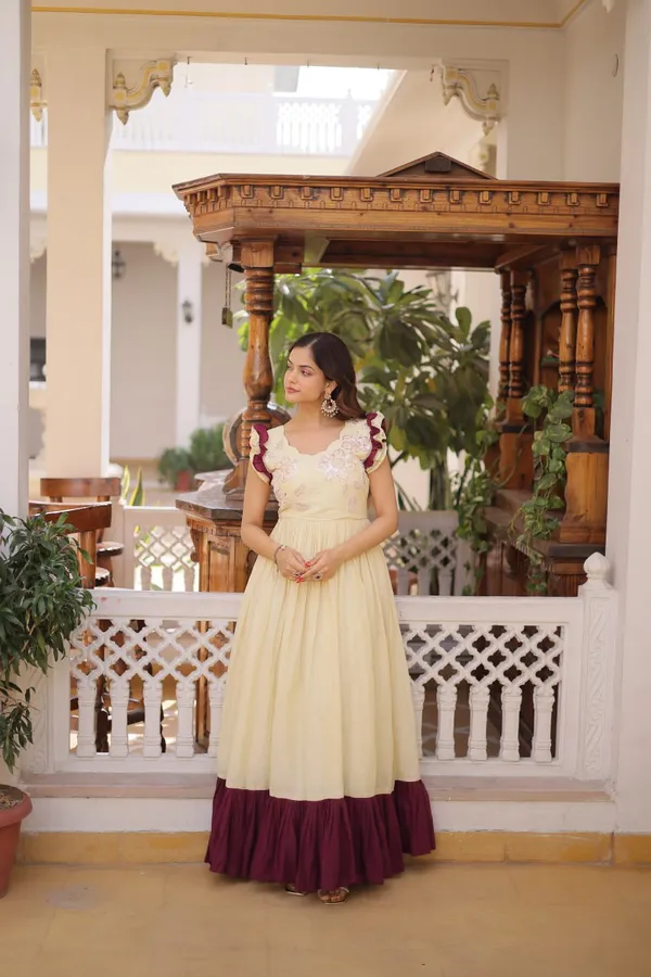 Beige_Elegant_Pastel_Fla_Gown_With_Contrast_Borders_And_Ruffled_Sleeves_For_Women