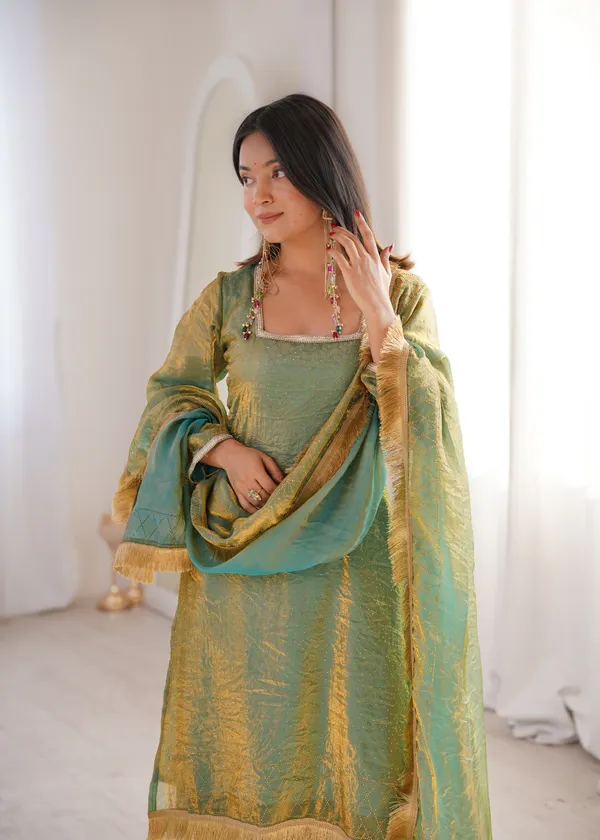 Green_Silk_Suit_Set_With_Dupatta_And_Fringe_Border_Ethnic_Wear_For_Women