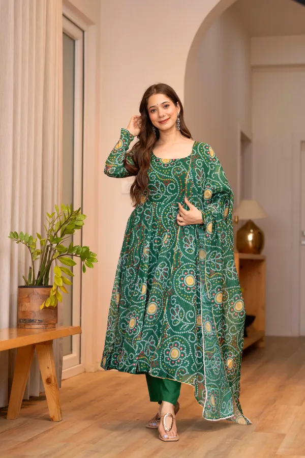 Green_Bandhani_Print_Anarkali_Kurta_Set_With_Dupatta_For_Women