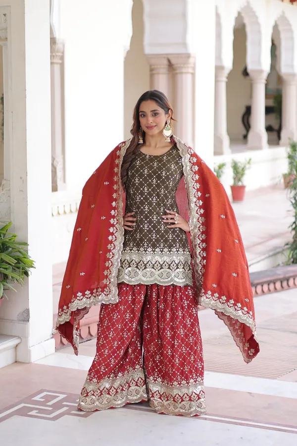 Red_And_Black_Ethnic_Embroidered_Sharara_Suit_Set_Brown_Kurta_With_Sharara_And_Dupatta_For_Women