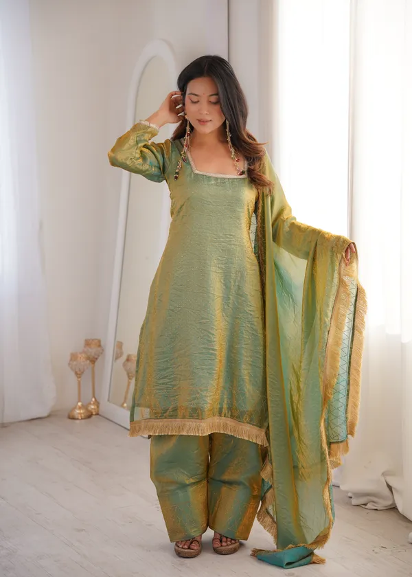 Green_Silk_Suit_Set_With_Dupatta_And_Fringe_Border_Ethnic_Wear_For_Women