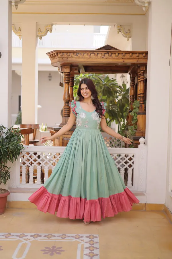 Beige_Elegant_Pastel_Fla_Gown_With_Contrast_Borders_And_Ruffled_Sleeves_For_Women