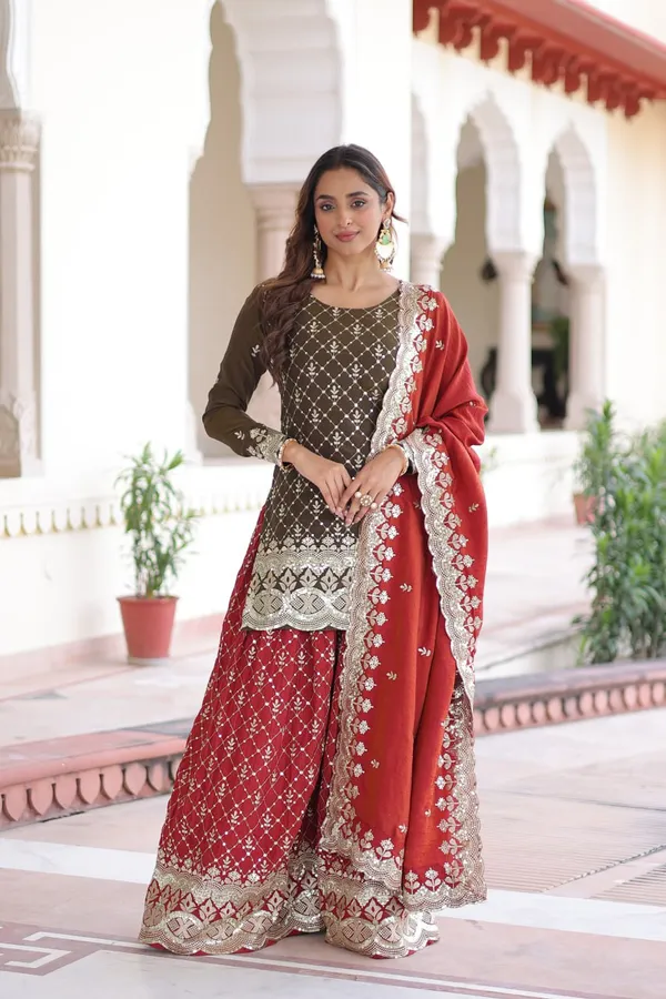 Red_And_Black_Ethnic_Embroidered_Sharara_Suit_Set_Brown_Kurta_With_Sharara_And_Dupatta_For_Women
