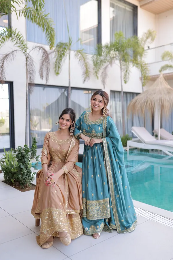 Beige_And_Teal_Embroidered_Anarkali_Suit_With_Dupatta_For_Women