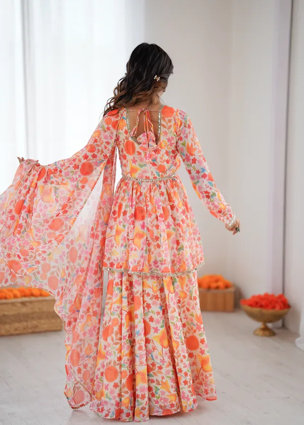 Orange_Floral_Print_Peplum_Kurta_And_Sharara_Set_With_Dupatta_And_Orange_For_Women